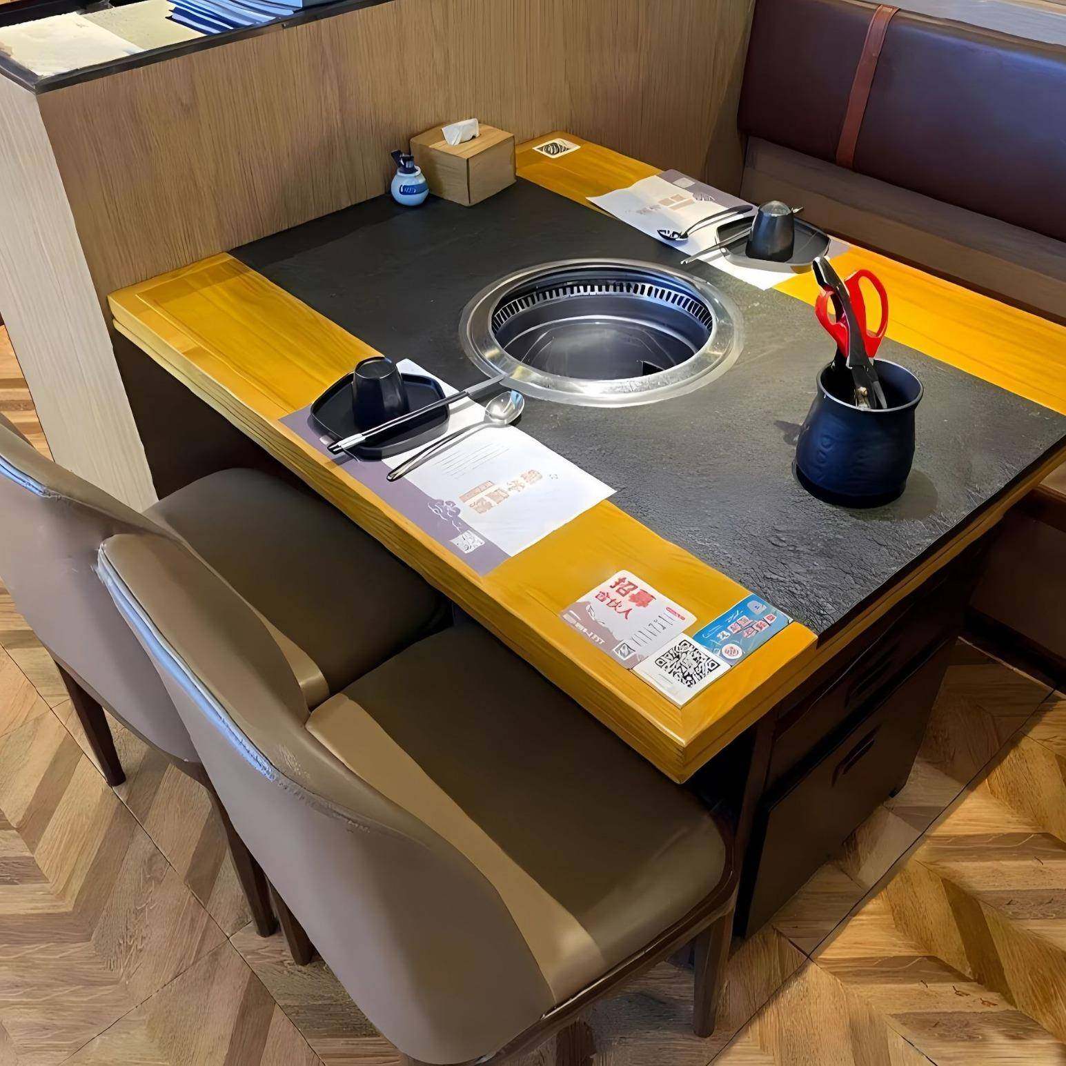 商用火锅桌子电磁炉一体无烟净化烤肉串串实木岩扳大理石桌椅组合