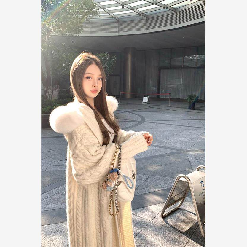 韩版连帽气质秋冬慵懒长款针织毛衣开衫超大狐狸毛领羊毛皮草外套