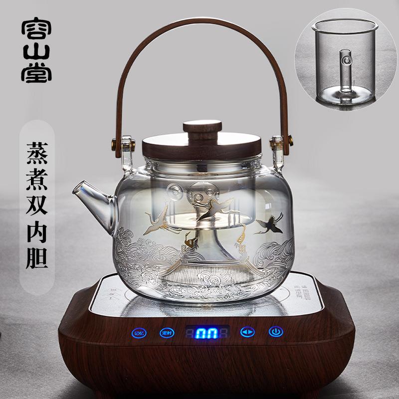 容山堂焕彩金银烧玻璃煮茶壶大容量烧水壶中式家用蒸茶电陶炉套装