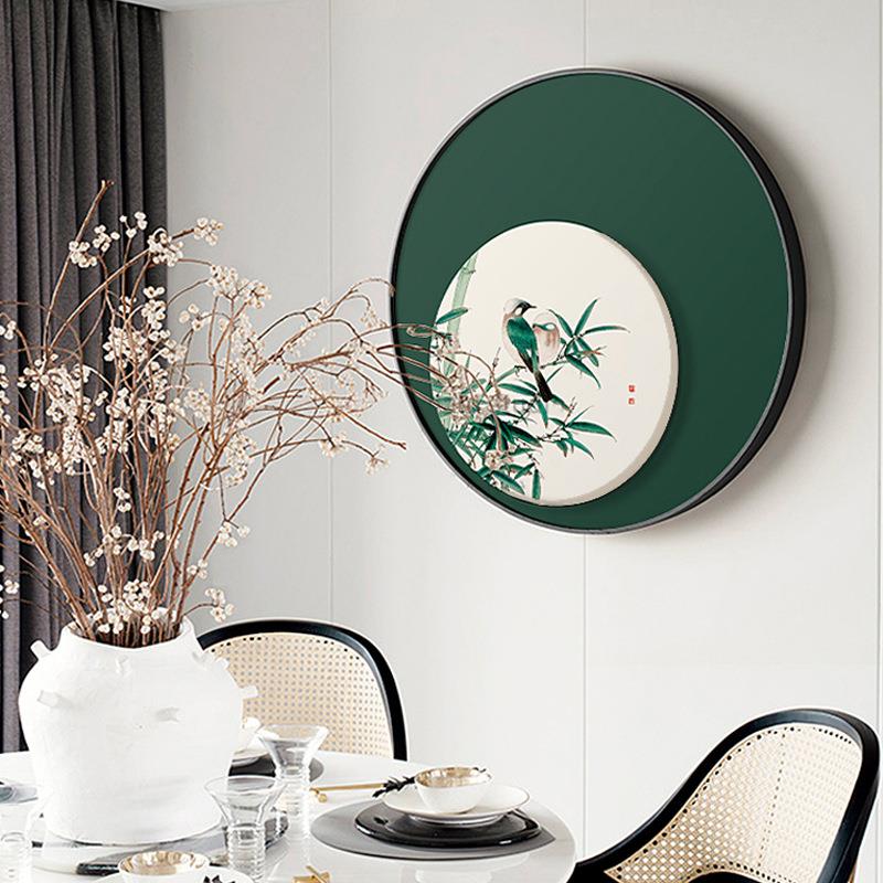 浮岚暖翠新中式花鸟竹餐厅装饰画饭厅餐厅挂画墨绿色客厅叠加壁画