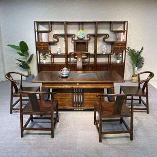 新中式乌金木茶桌老板办公桌高端茶桌一体两用实木茶几茶台一整套