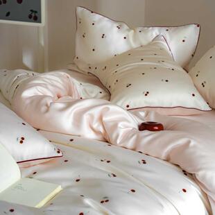 A类60支兰精天丝四件套樱桃印花夏季裸睡丝滑床单被套1.8m床品