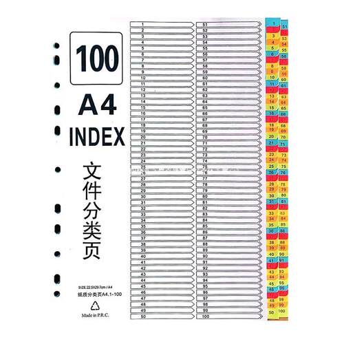 隔页纸100页分页纸索引纸分类卡塑料索引隔页纸11孔（纸质100页）