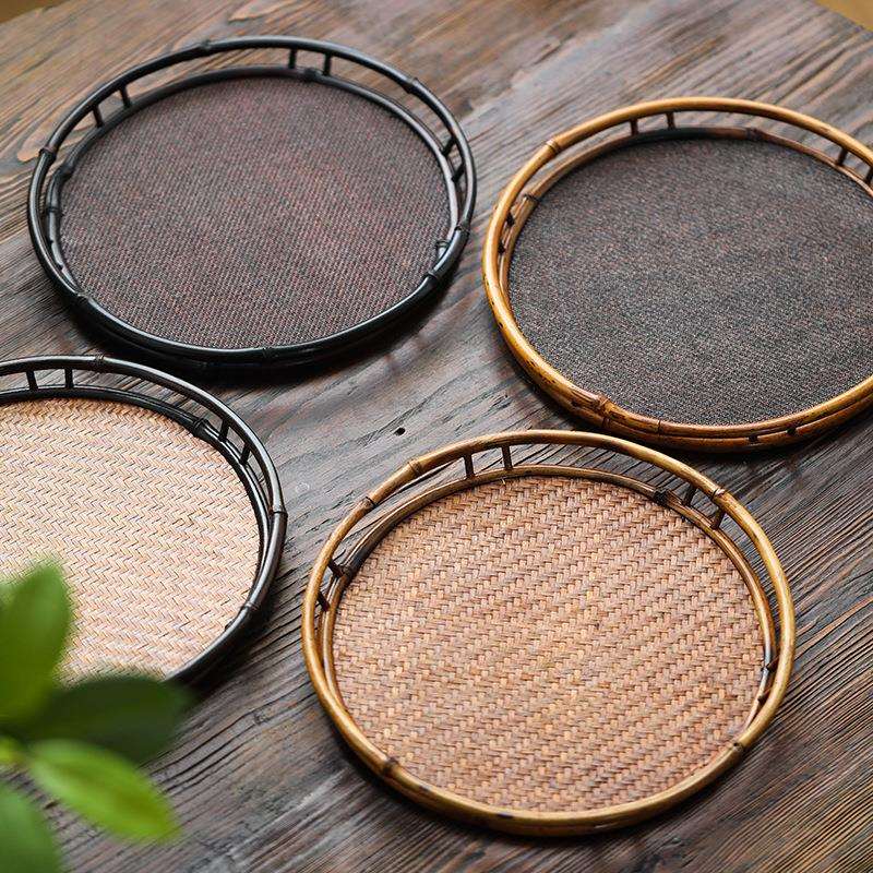 手工紫竹竹编席面托盘圆形茶盘茶具收纳干泡台奉茶盘茶席茶道零配