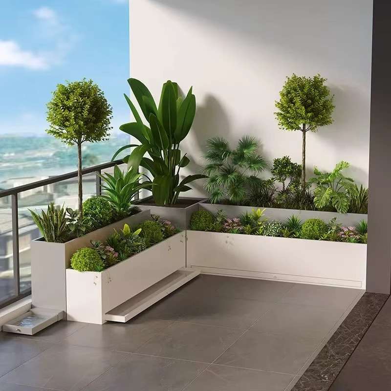 室内阳台花箱接水盘天台托盘花槽室内铁艺组合花箱不锈钢白色花盆