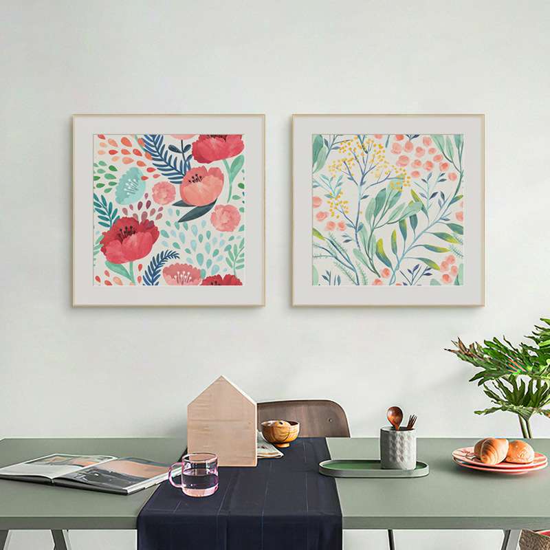 花蔓草藤现代简约餐厅餐桌上的装饰画四联正方形挂画北欧花卉壁画图片