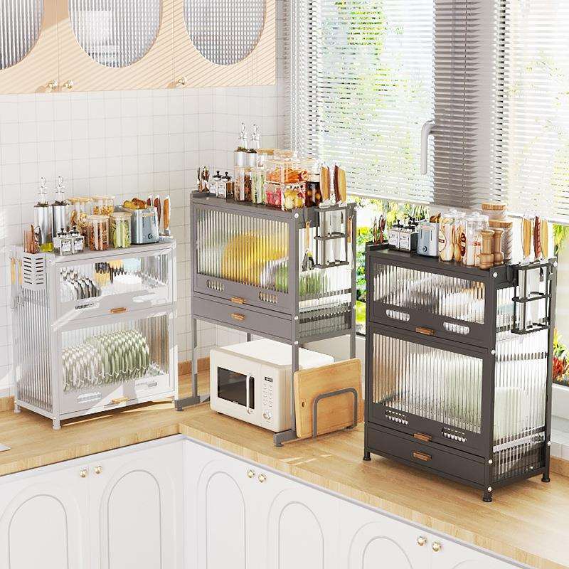 防尘碗碟收纳架 上翻门台面碗盘餐具收纳柜 厨房微波炉高脚置物架