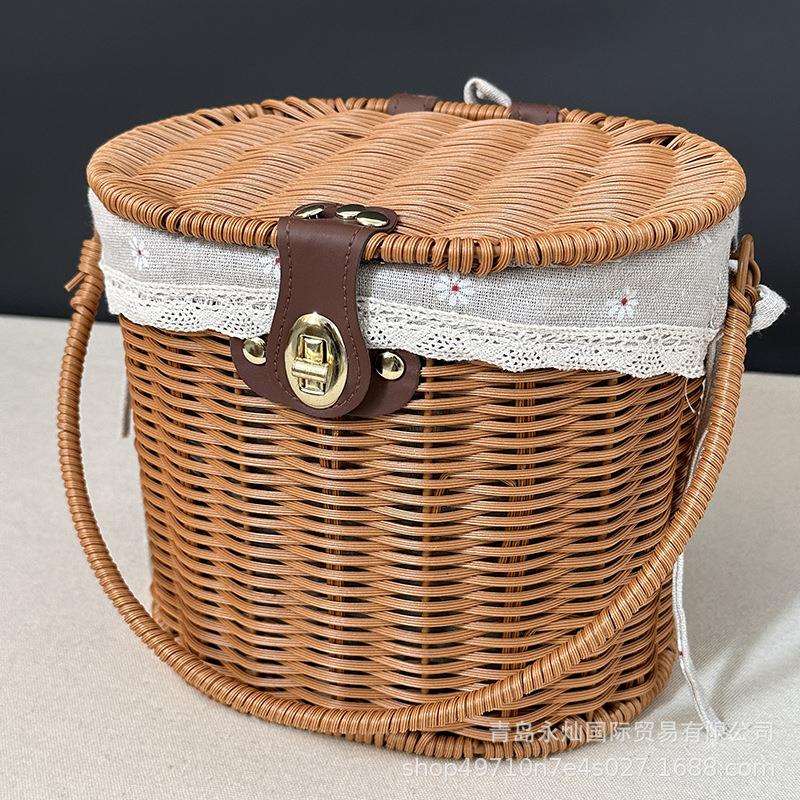 现货仿藤编收纳筐带盖内衬折叠手提野餐篮子车筐放水果手工编织篮