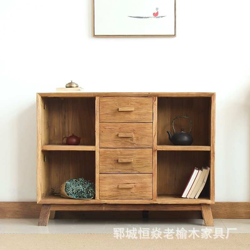 老榆木书柜儿童卧室书本收纳柜四层抽屉柜简约靠墙餐边柜储物柜