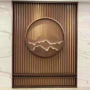 带灯不锈钢屏风山水画隔断假山金属景墙圆形山水玄关装饰花格