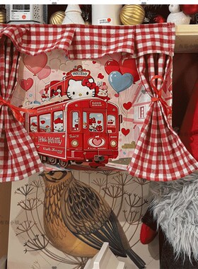 可爱卡通红格帘子Kittty猫挂布墙面装饰布艺宿舍装扮少女心房间布