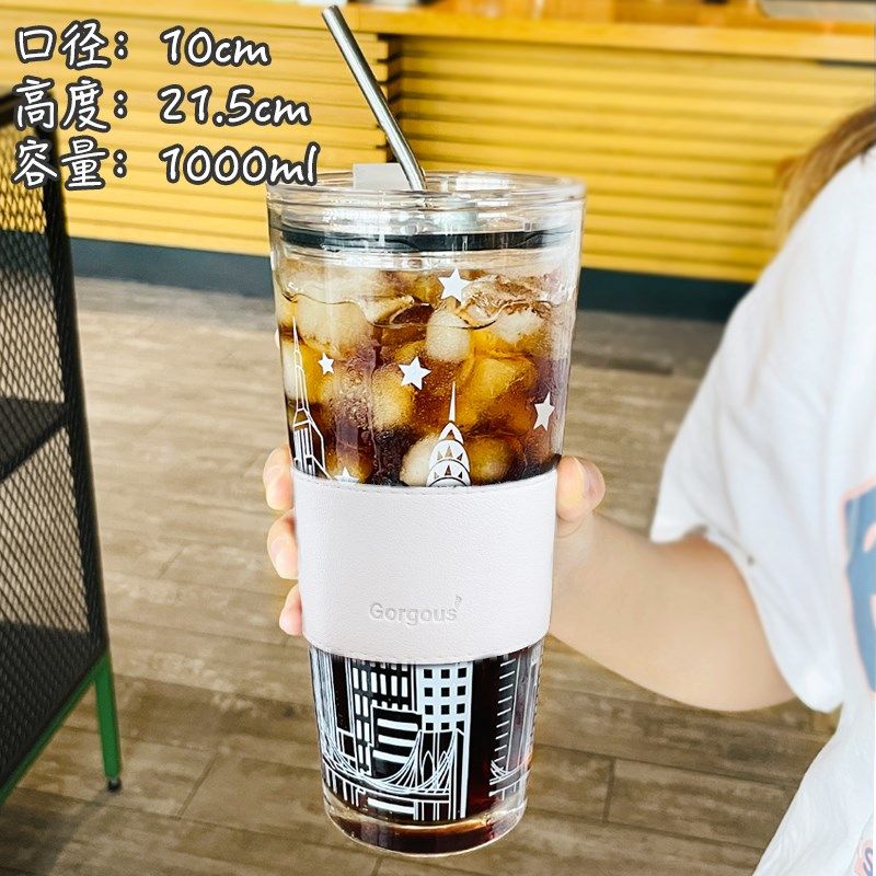 大容量玻璃杯女生吸管杯办公室1x000ml水杯带盖高硼硅杯子大号夏