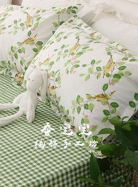 春夏新款绿色格子老粗布帆布全棉床D单粗布凉席三件套枕套单件包