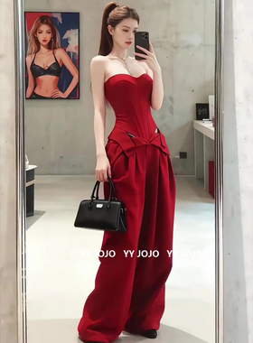 新年本命年红色套装女秋冬季辣妹收腰抹胸上衣直筒阔腿卫裤一整套