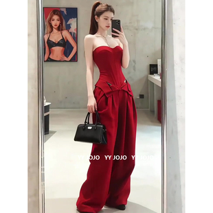 新年本命年红色套装女秋冬季辣妹收腰抹胸上衣直筒阔腿卫裤一整套