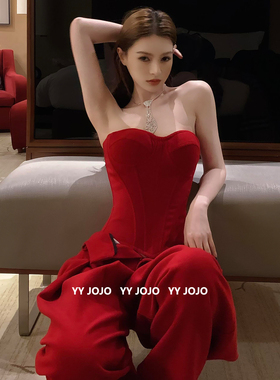 圣诞节穿搭新年本命年套装女秋红色抹胸内搭上衣休闲阔腿裤一整套