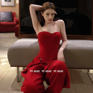 圣诞节穿搭新年本命年套装 一整套 女秋红色抹胸内搭上衣休闲阔腿裤