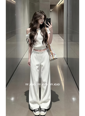气质一整套ootd穿搭辣妹纯欲套装女夏白色斜肩短袖上衣直筒阔腿裤