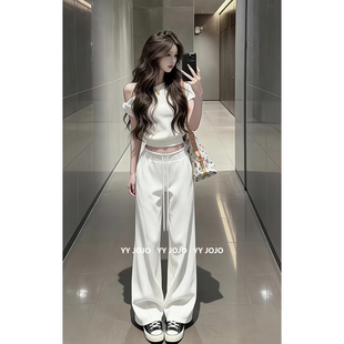 上衣直筒阔腿裤 女夏白色斜肩短袖 气质一整套ootd穿搭辣妹纯欲套装