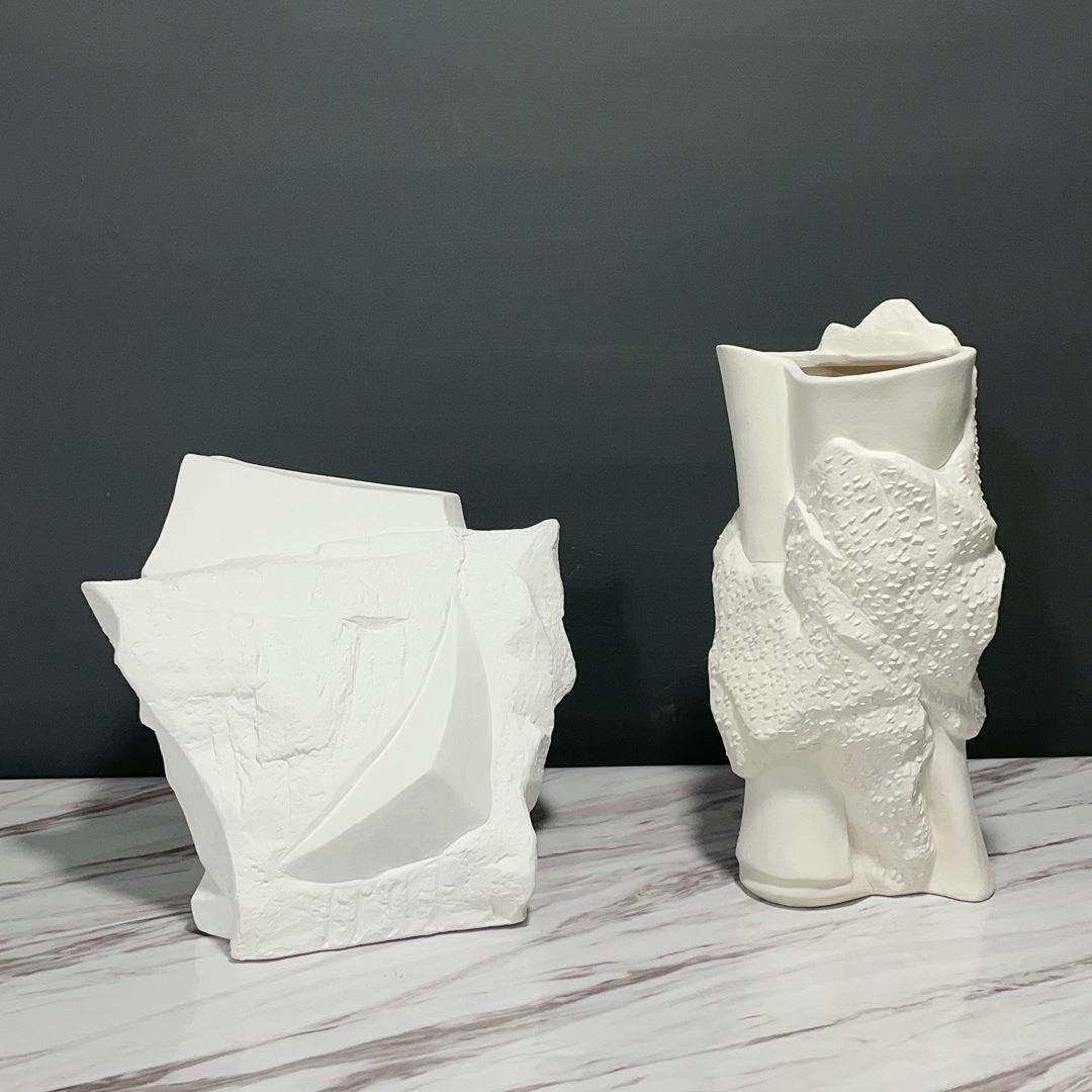 创意石膏质感陶瓷花瓶艺术雕塑插花器现代家居样板房软装饰品摆件