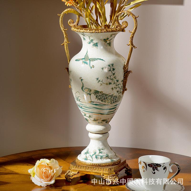 陶瓷配铜手绘孔雀系列家居摆件高端客厅别墅茶几果盘花瓶软装饰品