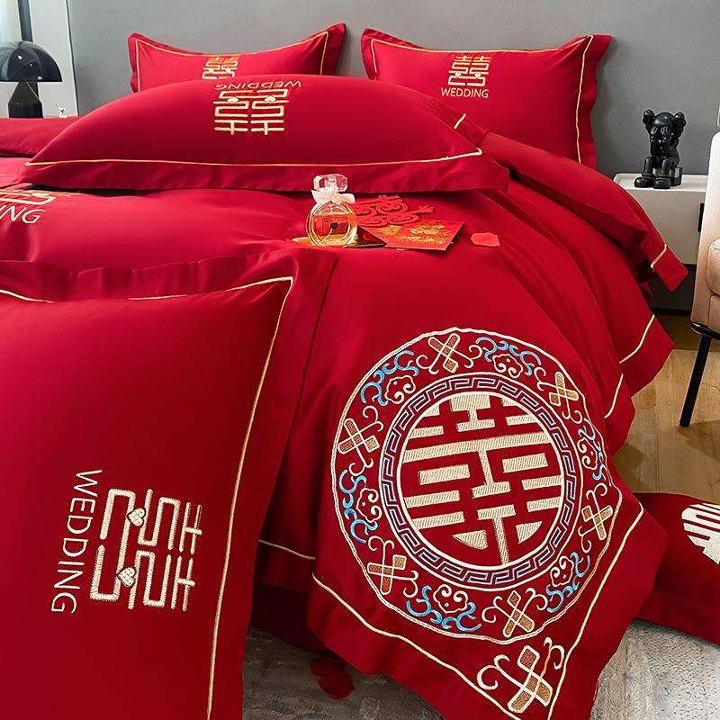 简约刺绣100支婚庆床上四件套大红色喜庆结婚新婚喜被婚房床笠款