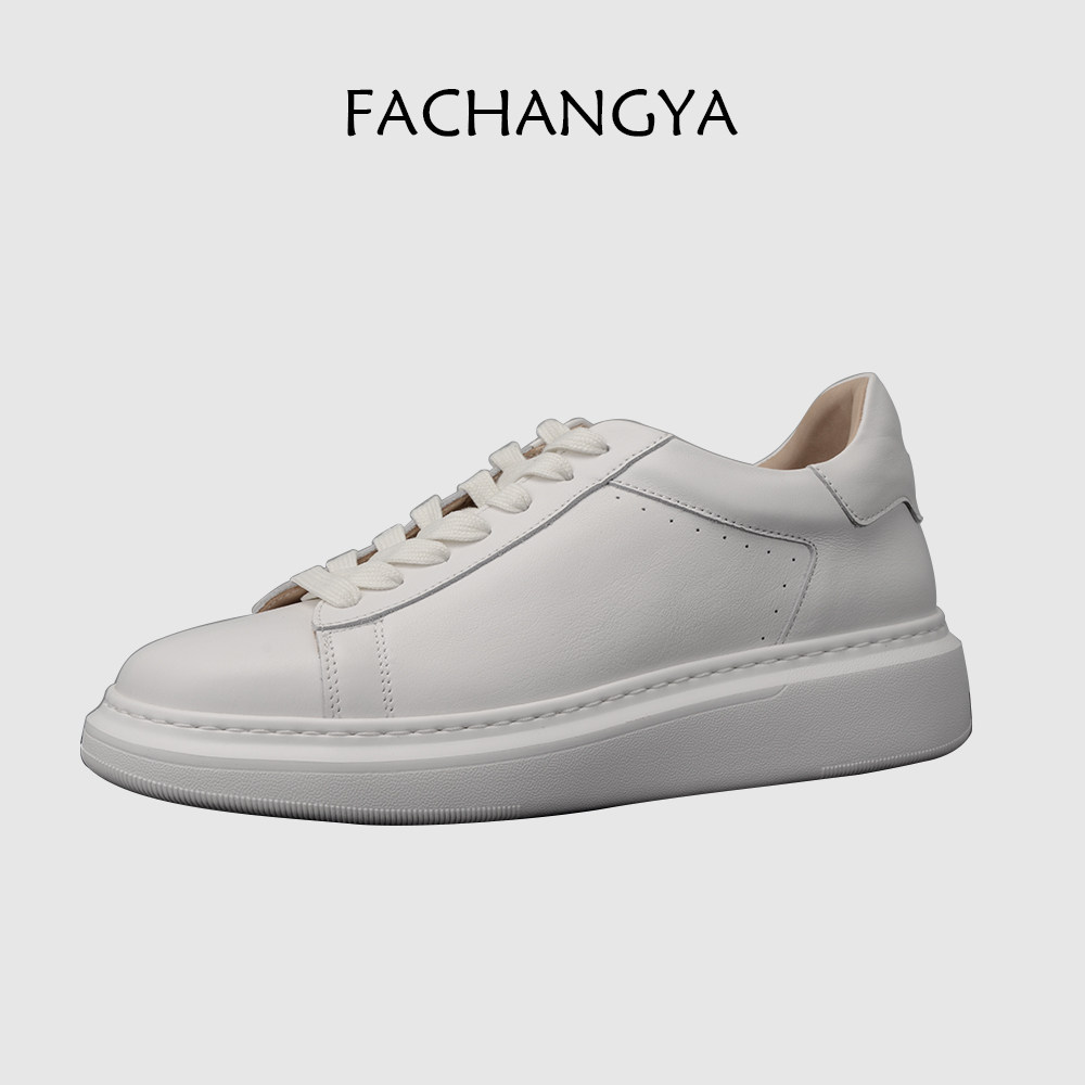 FACHANGYA新款白色休闲板鞋男鞋牛皮小白鞋厚底内增高圆头运动鞋