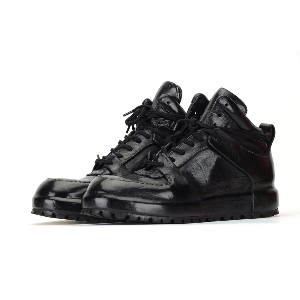 FACHANGYA新款黑色水洗马皮鞋做旧鞋高帮男靴休闲男鞋厚底手工鞋