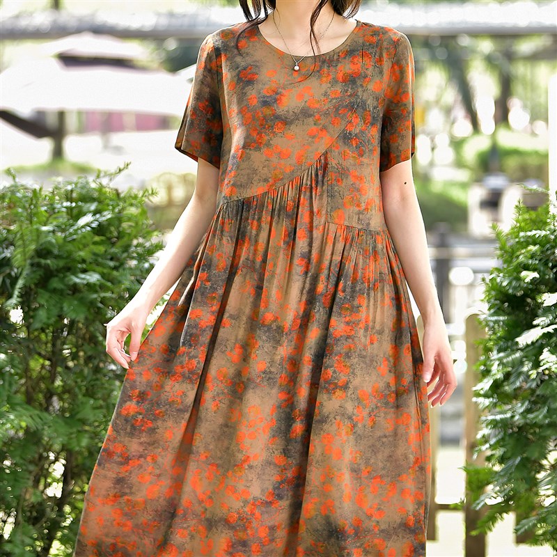 2025夏季新款棉绸连衣裙女中长款宽松大码时尚外穿人造棉绵绸裙子