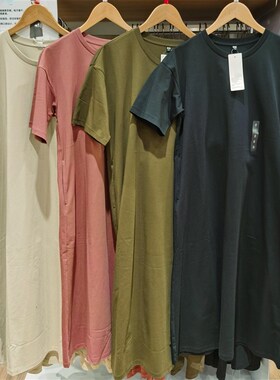 477306 春夏新款女装棉混纺短袖T恤裙圆领连衣裙宽松版长裙子