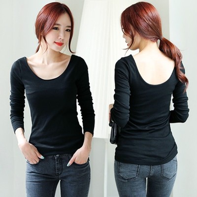 纯棉紧身u领内搭长袖秋冬黑色低领打底衫女加绒加厚修身秋衣上衣