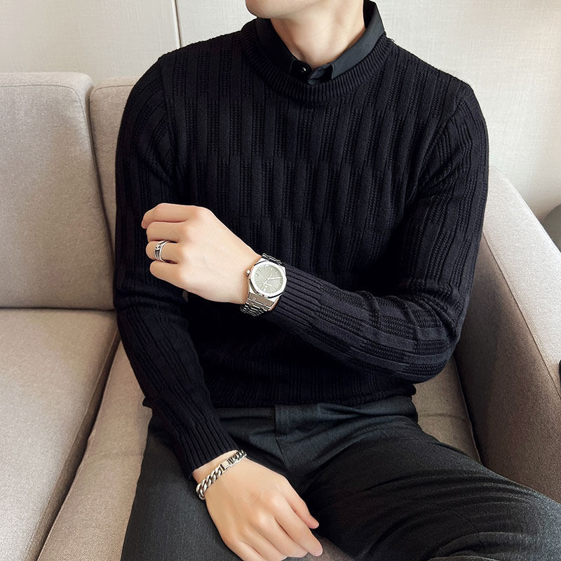 秋冬款针织衫男士外套假两件毛衣男衬衫领潮流韩版修身打底毛线衣
