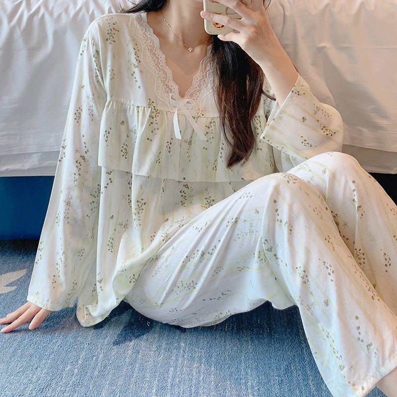 春秋季防凸点棉绸女家居服套装薄款夏季长袖人造棉睡衣大码可外穿