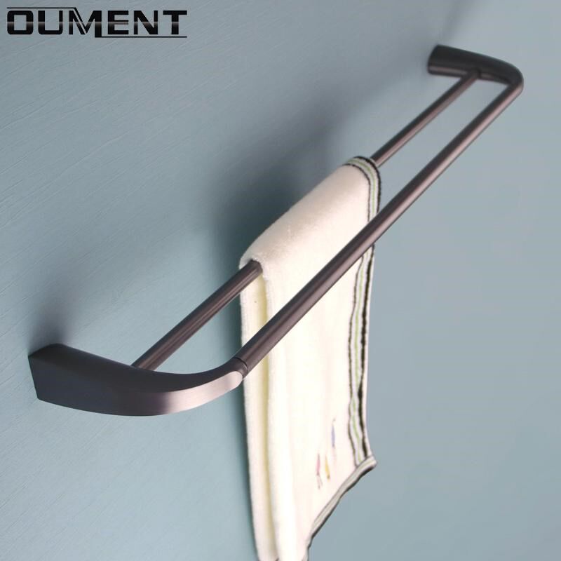 枪灰色卫生间毛巾置物架 全铜卫浴五金打孔 浴室高端浴巾架双杆