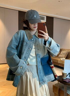 NAZ那子大码春季新款法式设计感撞色拼接胖mm复古气质牛仔外套女