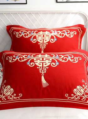 结婚红枕巾夏季婚庆红色全棉纯棉高档一对装大红色陪嫁新婚枕头巾