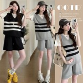 孕妇夏季 薄款 针织冰丝假两件短袖 大码 T恤宽松休闲两件套装 200斤潮