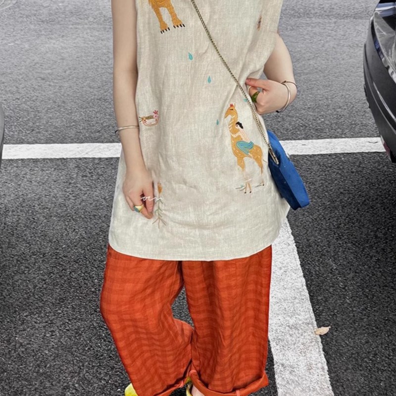 牛X货 巨炸裂!高级感休闲亚麻无袖重工刺绣上衣高腰阔腿裤两件套