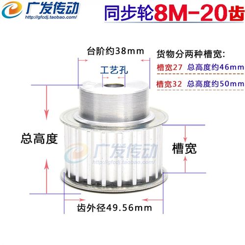 8M20齿 铝合金同步带轮 同步轮8M20T 齿数20  带宽32/带宽27