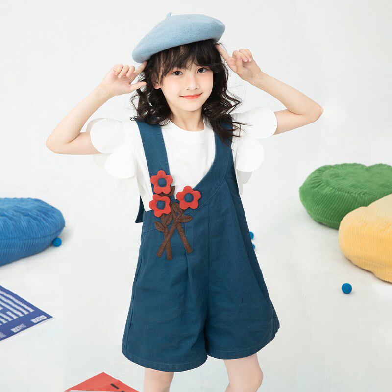 韩国童装女童背带裤套装2025夏季新款洋气儿童花瓣袖短裤两件套裙