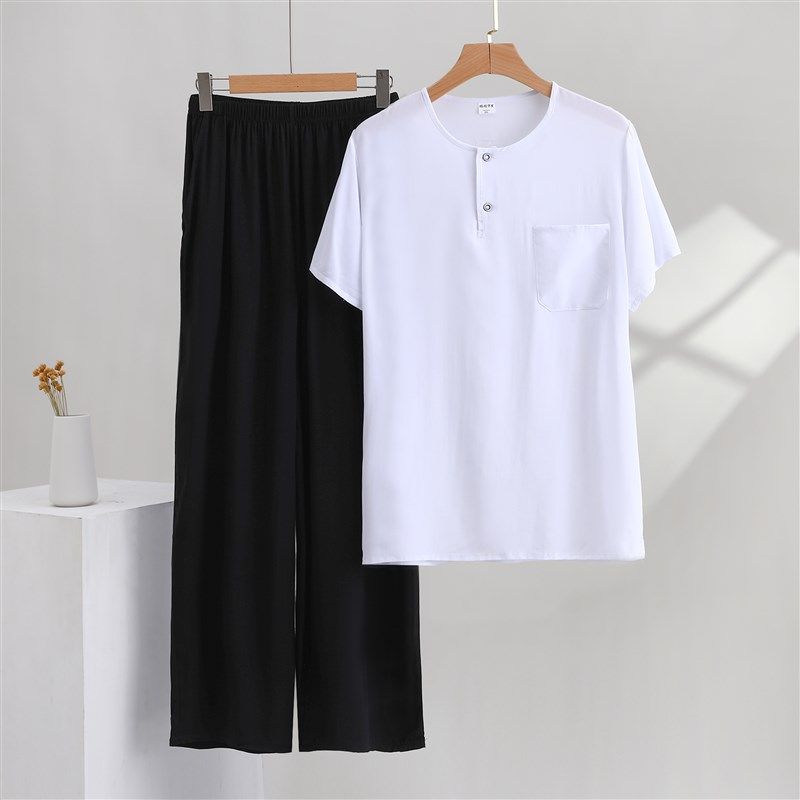 棉绸睡衣男士夏季薄人造棉舒适短袖长裤两件套装爸爸中老年阔腿裤