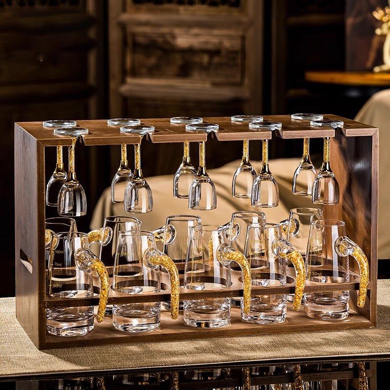 白酒杯家用中式倒挂收纳套装金箔高脚杯矛台杯分酒器酒具2024新款