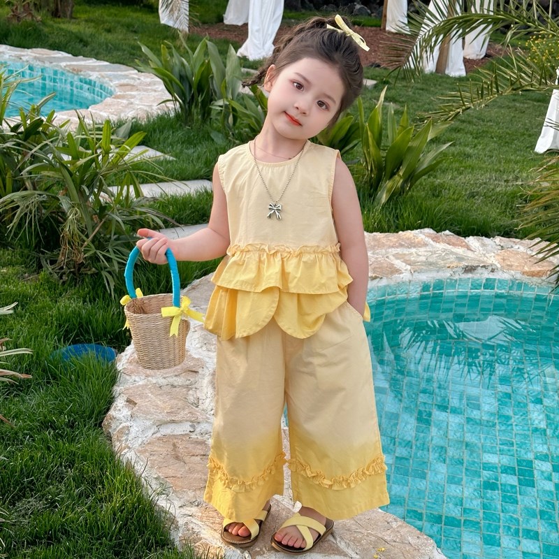 儿童棉布两件套阔腿裤女小童荷叶边背心套装女童好看夏装衣服潮款