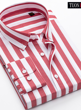 纯棉衬衫男长袖秋季高级感薄款红色条纹休闲高品质男士全棉衬衫寸