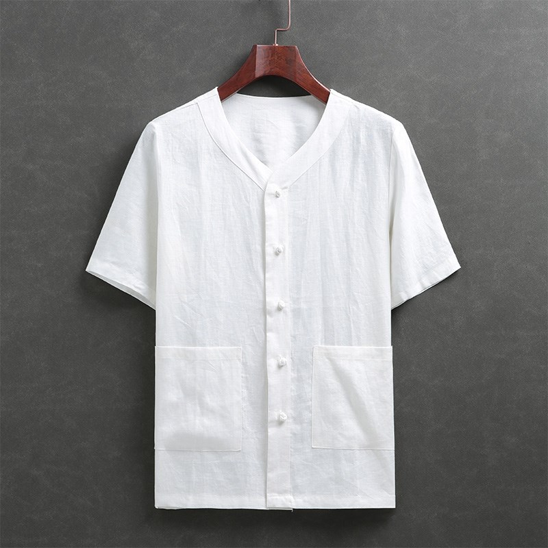 中国风亚麻唐装男夏季短袖薄款中老年男装汉服宽松上衣中式爸爸装