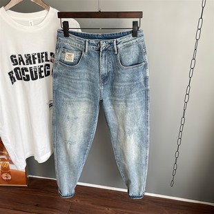 潮牌浅色老爹哈伦9分弹 男九分裤 微宽松锥形 2024春夏小破洞牛仔裤