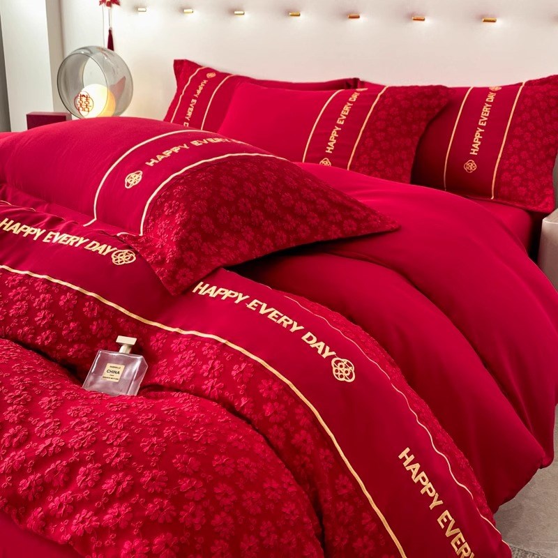 高档简约结婚四件套大红色新婚床单被套纯棉婚庆床上用品婚房陪嫁