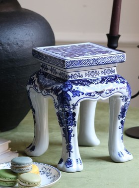 新中式青花瓷仿古方凳摆件博古花架花盆底座别墅客厅小众软装饰品