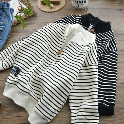 轻便加绒卫衣儿童半拉链秋冬男童休闲条纹保暖宽松立翻领一体绒衫