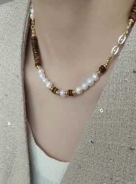 虎眼石淡水珍珠串珠拼接设计项链女小众轻奢高级感锁骨链毛衣链